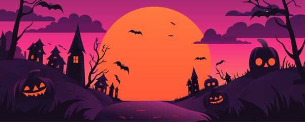Halloween pumpkins, bats, graveyard and scary buildings against the backdrop of a big orange moon. Vector illustration. Festive flyer, poster or banner. - obrazy, fototapety, plakaty