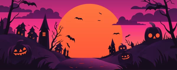 Türaufkleber Halloween pumpkins, bats, graveyard and scary buildings against the backdrop of a big orange moon. Vector illustration. Festive flyer, poster or banner. © LoveSan