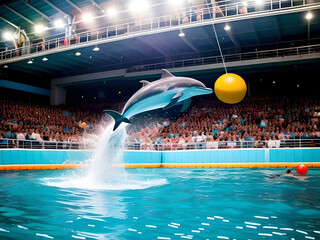 Generative AI.  Dolphin in the dolphinarium with spectators,