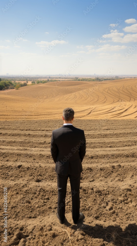 Poster a man in a suit standing in a field. generative ai image.