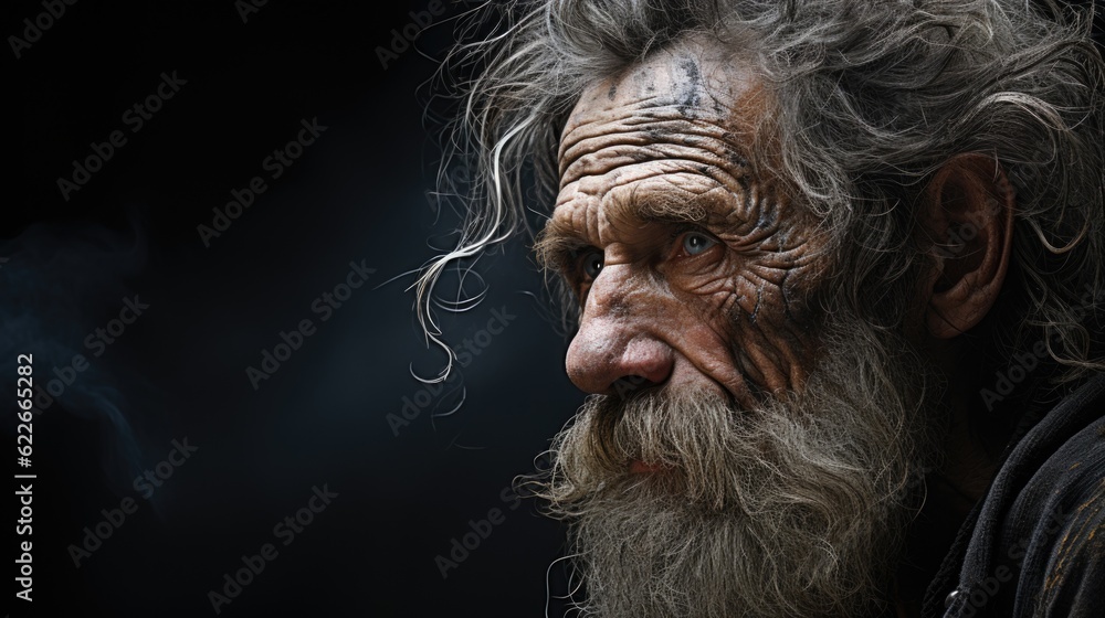 Poster a close up of a man with a long beard. generative ai image.