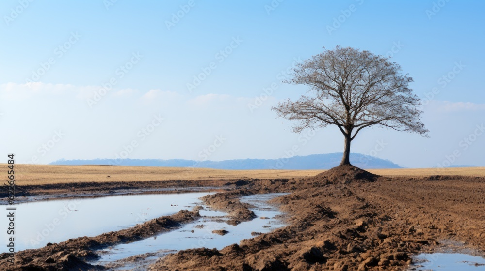 Poster a lone tree sitting on top of a muddy field. generative ai image.