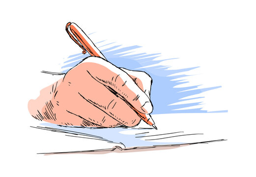Hand writes with a pen in a notebook. Education, study and business concept. Vector color illustration sketch. Line drawing