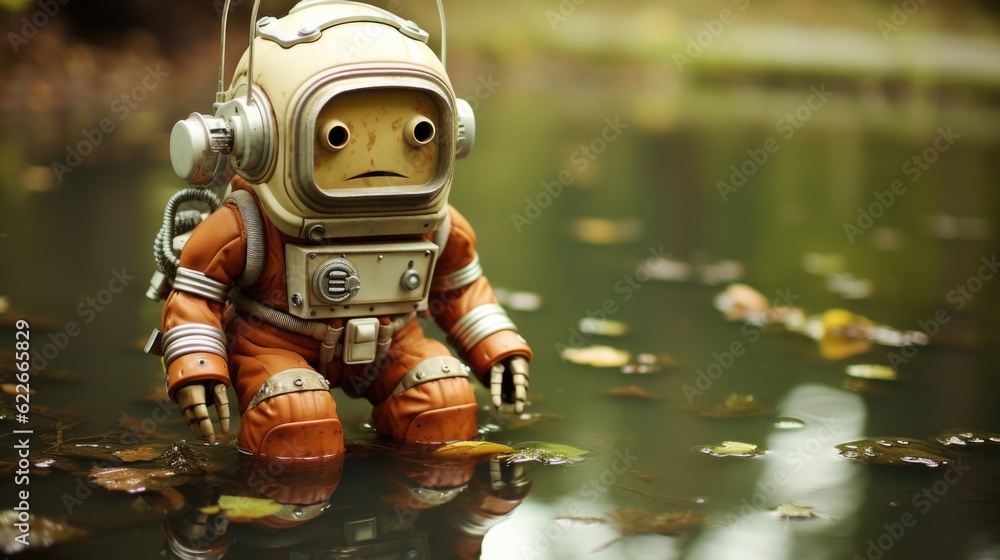 Poster a toy astronaut floating in a pond of water. generative ai image.
