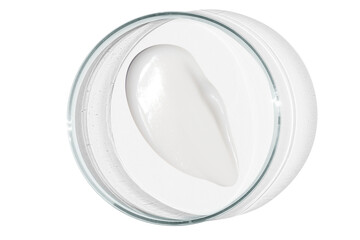 Petri dish isolated on empty background. A smear of cosmetic cream in a Petri dish.