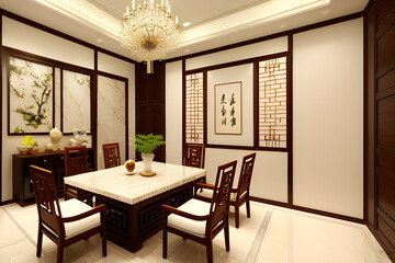 Luxury oriental style family dining room with classic chinese wooden chairs and white modern marble table. Blank space on premium wall decoration