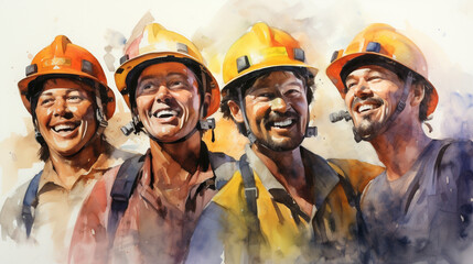 A close-up watercolor portrait of a group of workmen, focusing on their expressions and body language, AI Generative