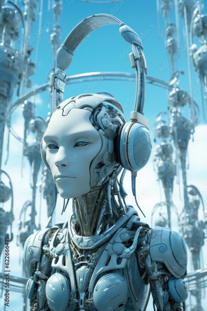 Poster a robot with headphones standing in front of a bunch of wires. generative ai image.