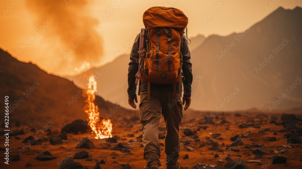Poster a man with a backpack walking in front of a fire. generative ai image.