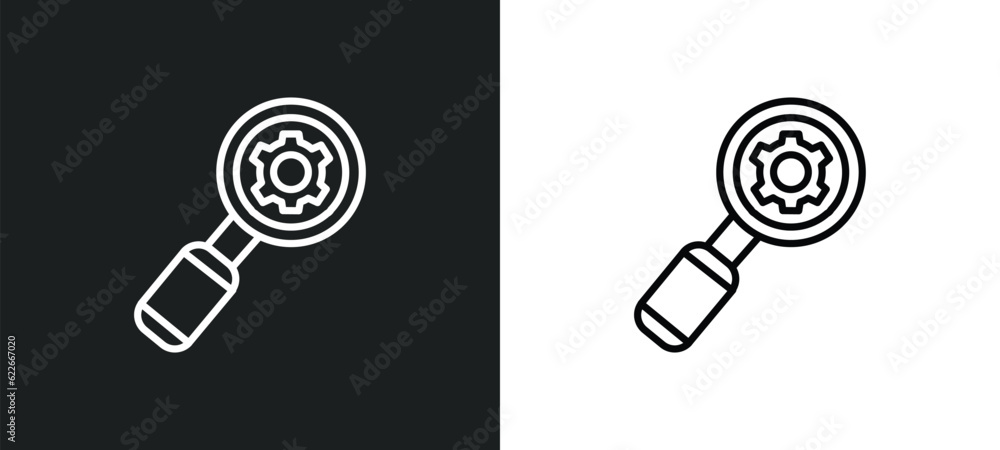 Poster searching tings interface outline icon in white and black colors. searching tings interface flat vec