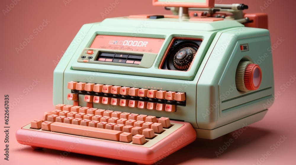 Poster a green typewriter with a pink keyboard. generative ai image.
