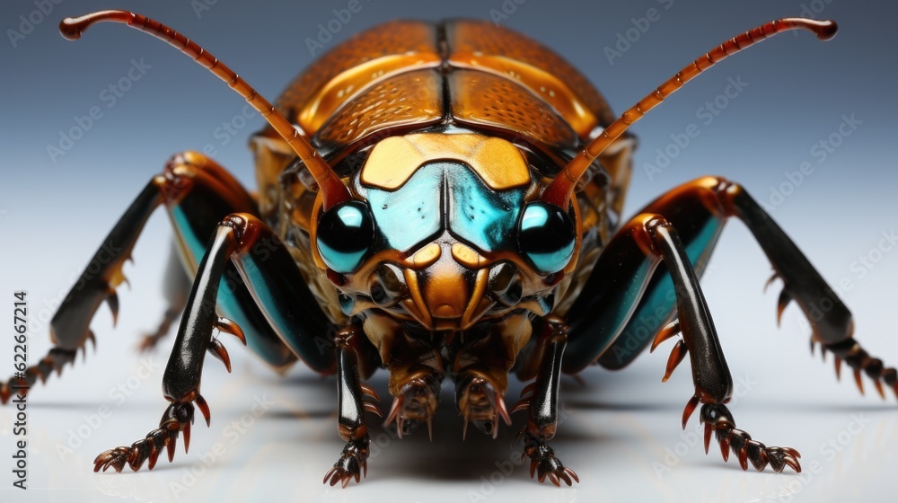 Poster a close up of a bug with blue eyes. generative ai image.