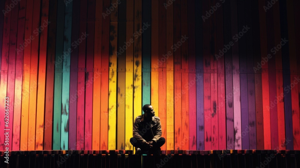 Sticker A man sitting on a bench in front of a colorful wall. Generative AI image.