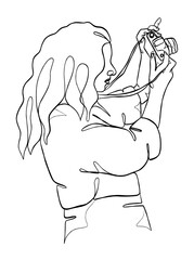 Continuous one line drawing of woman with camera. Vector illustration.