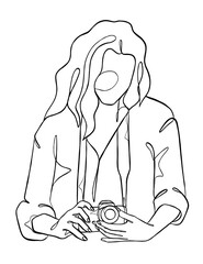 Continuous one line drawing of woman with camera. Vector illustration.