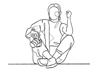 Continuous one line drawing of woman with camera. Vector illustration.