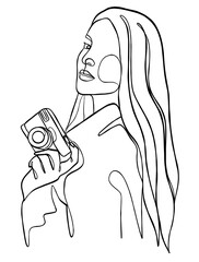 Continuous one line drawing of woman with camera. Vector illustration.