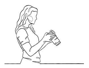 Continuous one line drawing of woman with camera. Vector illustration.