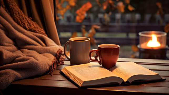 book and coffee A cozy autumn scene with a cup of hot cocoa and a book, AI Generative
