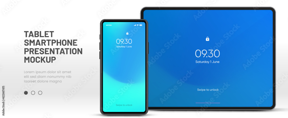 Poster Modern laptop mockup front view and smartphone mockup high quality isolated on white background. Notebook mockup and phone device mockup for ui ux app and website presentation Stock Vector.