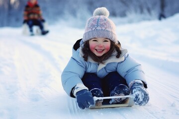 Fototapeta na wymiar Happy girl sledding outdoors on clear winter day. Generative AI