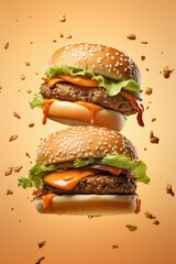 Close-Up of Burger Flying Levitation in the Air. Generative ai