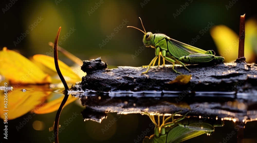 Poster a close up of a grasshopper on a log. generative ai image.