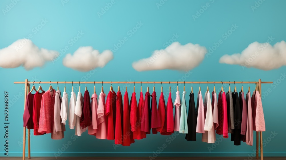 Sticker A rack of clothes with clouds in the background. Generative AI image.