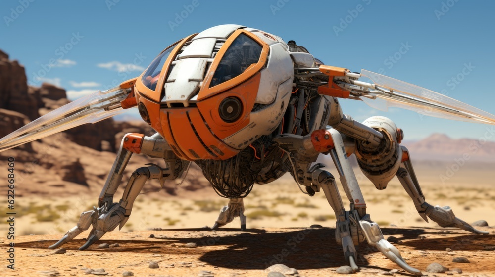 Poster a robot bug sitting on top of a desert. generative ai image.