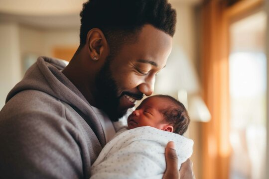 African father with his newborn baby at home made with Generative AI.