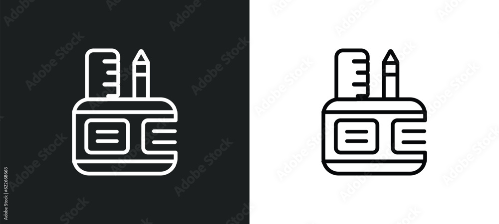 Poster office material outline icon in white and black colors. office material flat vector icon from user i