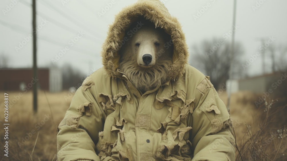 Poster a dog in a jacket sitting in a field. generative ai image.