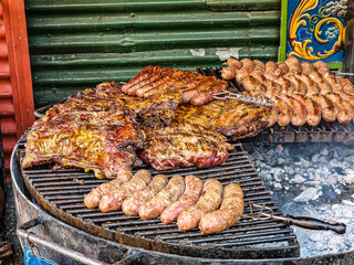 Argentine food called Parrillada served in the La Boca neighborhood, Buenos Aires, Argentina