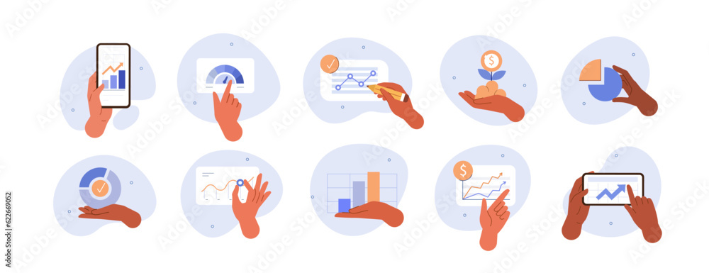 Poster hand gestures illustration set. collections of characters hands pointing at finance report with char