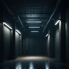 Dark Garage Interior, Tube Glowing Lights, Metal And Concrete Textures, Hangar Hallway, Industrial, Generative Ai