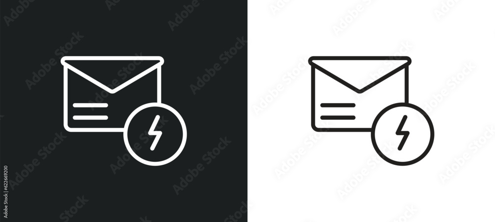 Poster new email with lightning outline icon in white and black colors. new email with lightning flat vecto