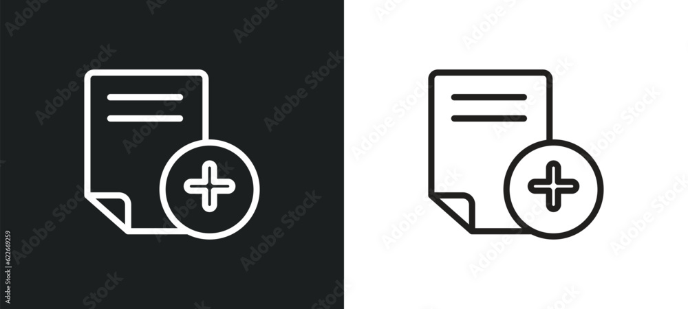 Poster add new document outline icon in white and black colors. add new document flat vector icon from user