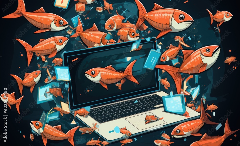Poster a laptop computer surrounded by a bunch of fish. generative ai image.