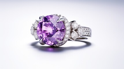 Purple sapphire ring on white surface