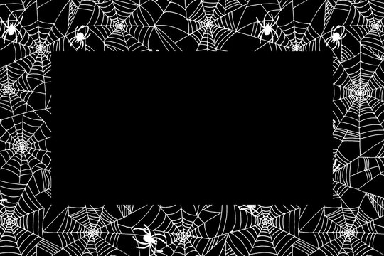 Hand drawn line art halloween party mock up with creepy spooky dreadful white spiders on cobweb on black background.Backdrop copy space