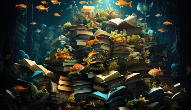 A pile of books with fish swimming around them. Generative AI image.