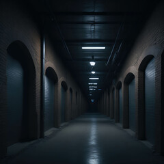 Underground Parking Place Interior, Empty Hallway Tunnel, Glowing Lights, Metal and Concrete textures, Generative AI