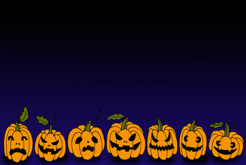 Hand drawn line art mock up with row ofhalloween holiday orange pumpkins with different spooky creepy eyes and siles on gradient dark blue background with copy space, Jack-o-lantern pumpkins group  