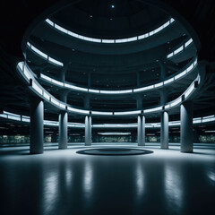 Futuristic Mall Parking Place With Columns, Round Structure, Empty, Glowing Led Lights, No Cars, Generative AI