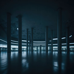 Futuristic Mall Parking Place With Columns, Round Structure, Empty, Glowing Led Lights, No Cars, Generative AI