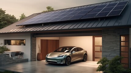 Solar roof panels with battery storage on the wall