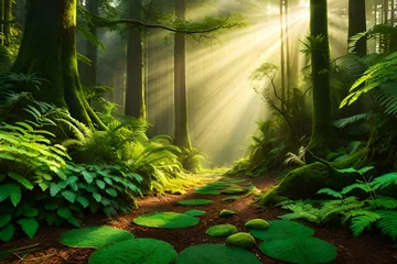 Gordijnen A mystical scene in the rainforest, with sunlight filtering through the dense foliage and illuminating a carpet of ferns © Pic Paradise