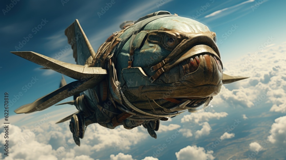 Poster a large fish shaped object flying through the sky. generative ai image.