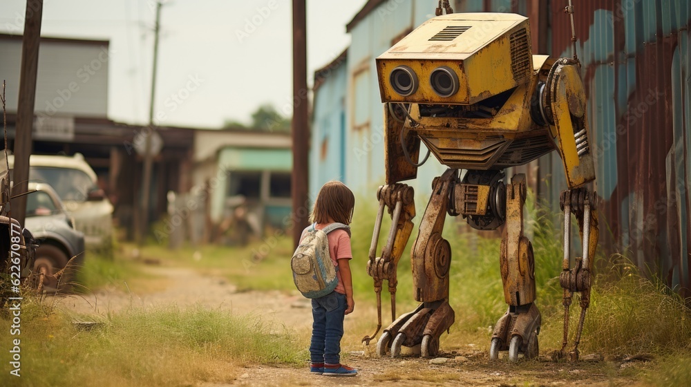 Poster a little girl standing in front of a robot statue. generative ai image.