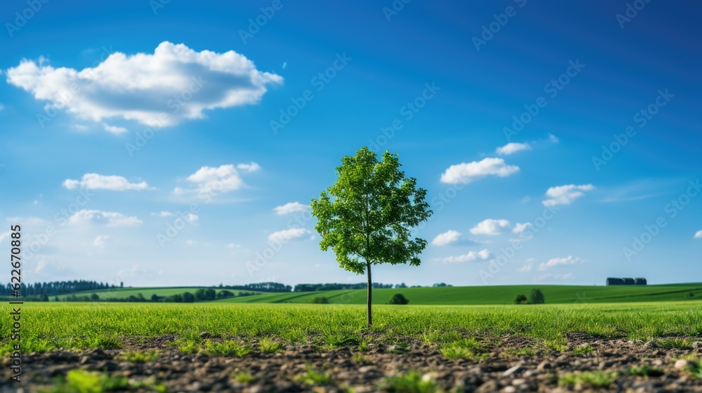 Aufkleber a lone tree in a field with a blue sky in the background. generative ai image.